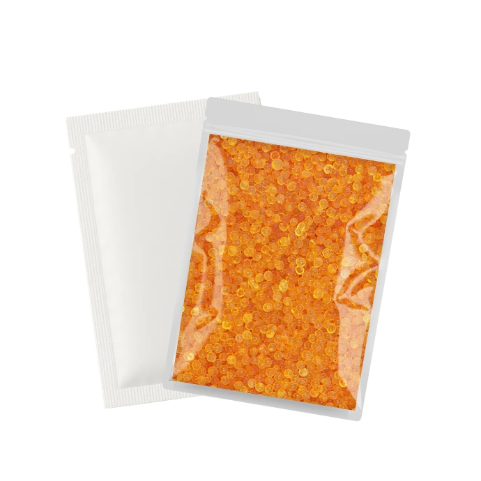 Tyvek Beutel mit Sichtfenster. Gefüllt mit orangenen Silicagel Kugeln